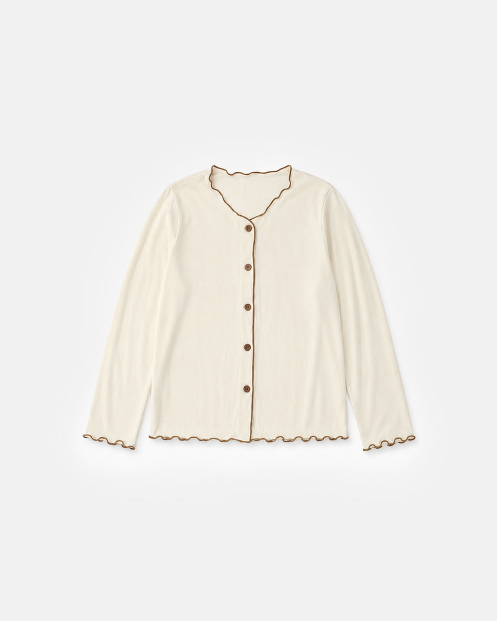 Ruffle Trim Cardigan Top, cream with brown lettuce-edge trim, flat lay