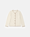 Ruffle Trim Cardigan Top, cream with brown lettuce-edge trim, flat lay
