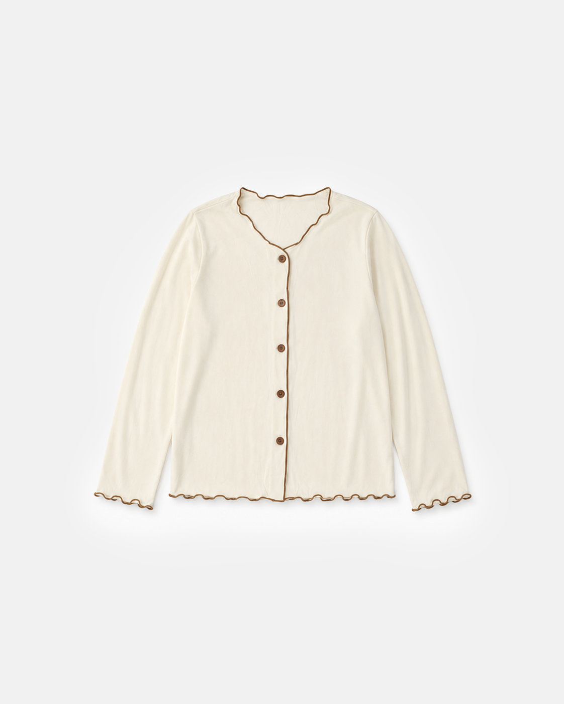 Ruffle Trim Cardigan Top, cream with brown lettuce-edge trim, flat lay
