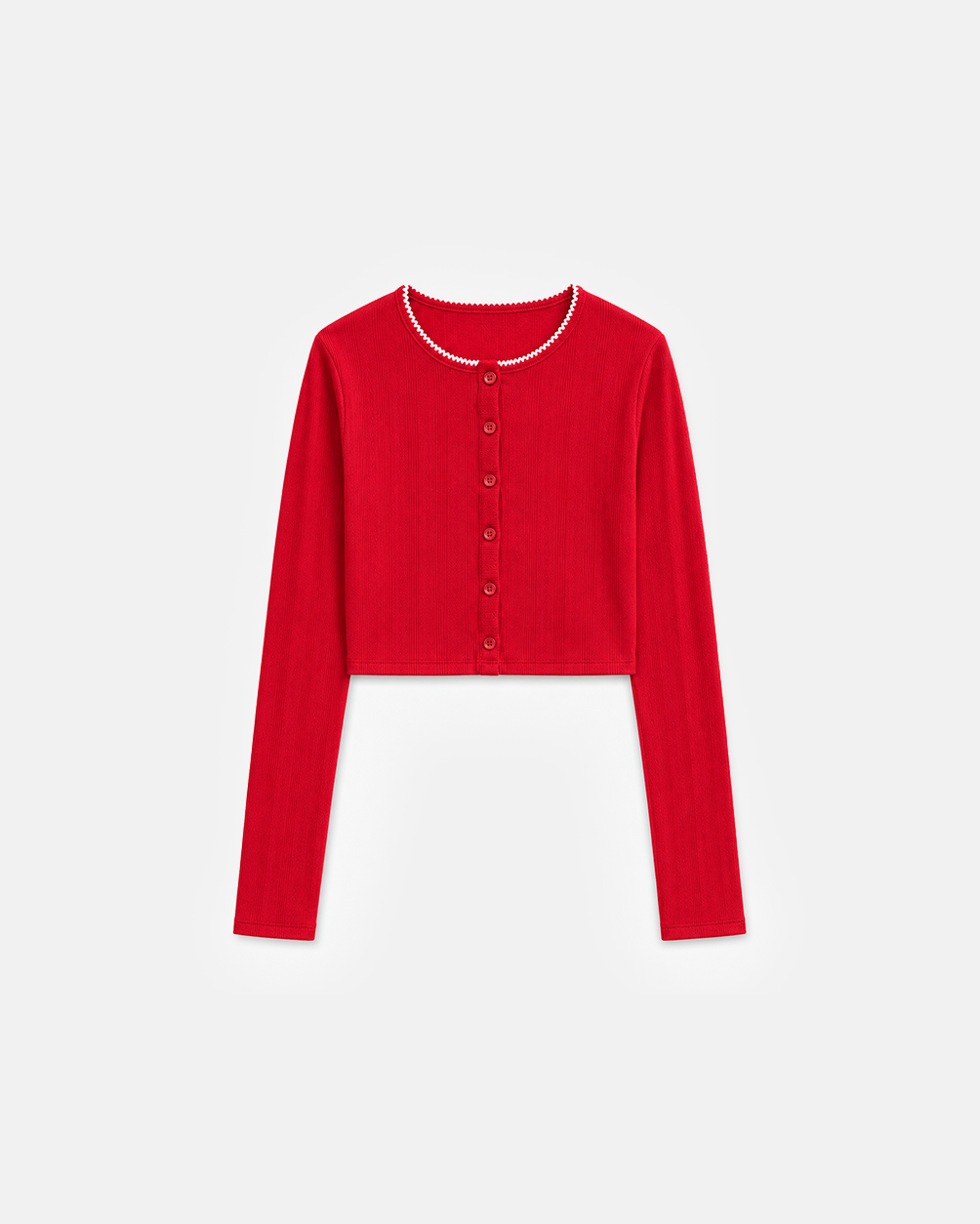 Pointelle Cropped Cardigan in Cherry, flat lay