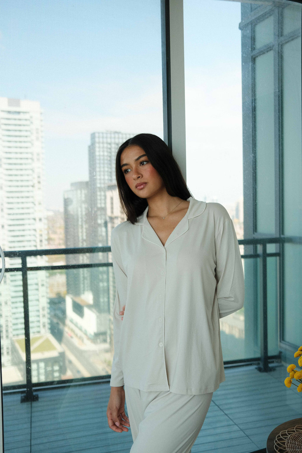Camp Collar Pajama Set in Oatmeal, on model, by the window looking away