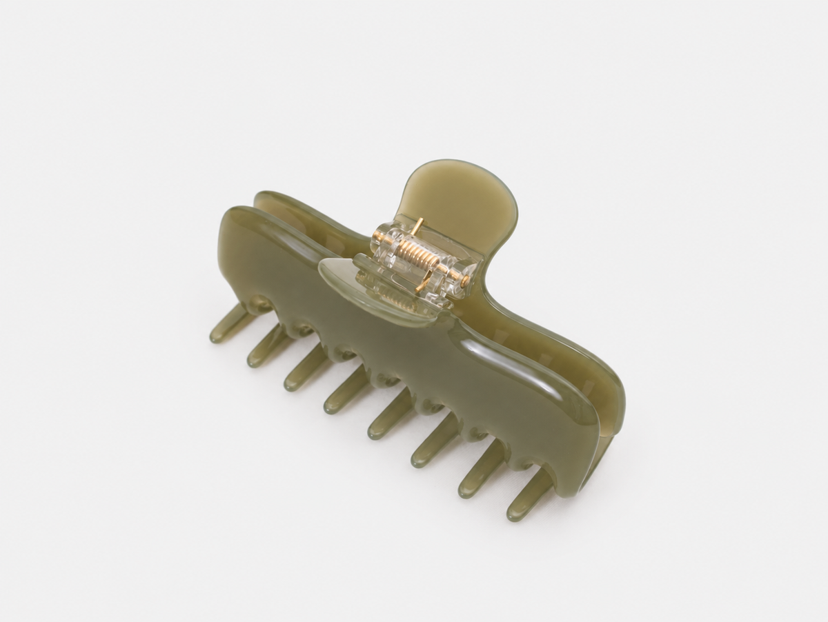 Jelly Claw Clip in Olive, back with spring hinge