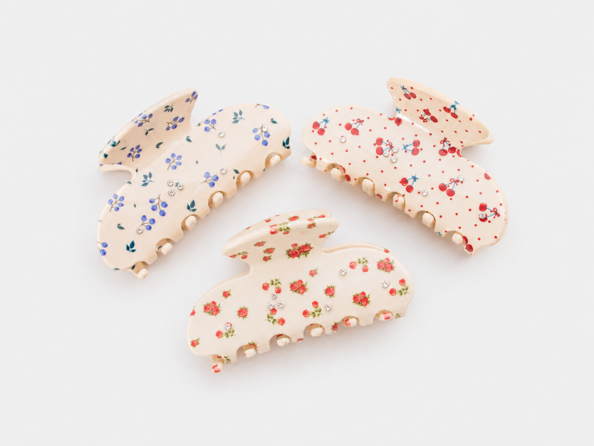 Little Garden Claw Clip in Blueberry, all three prints