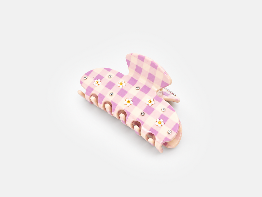 Daisy Gingham Claw Clip in Lilac Gingham, angled view