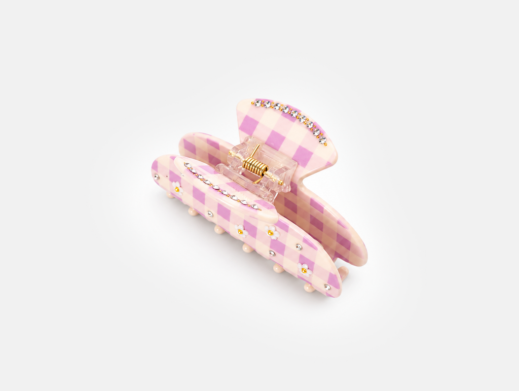 Daisy Gingham Claw Clip in Lilac Gingham, back with spring hinge