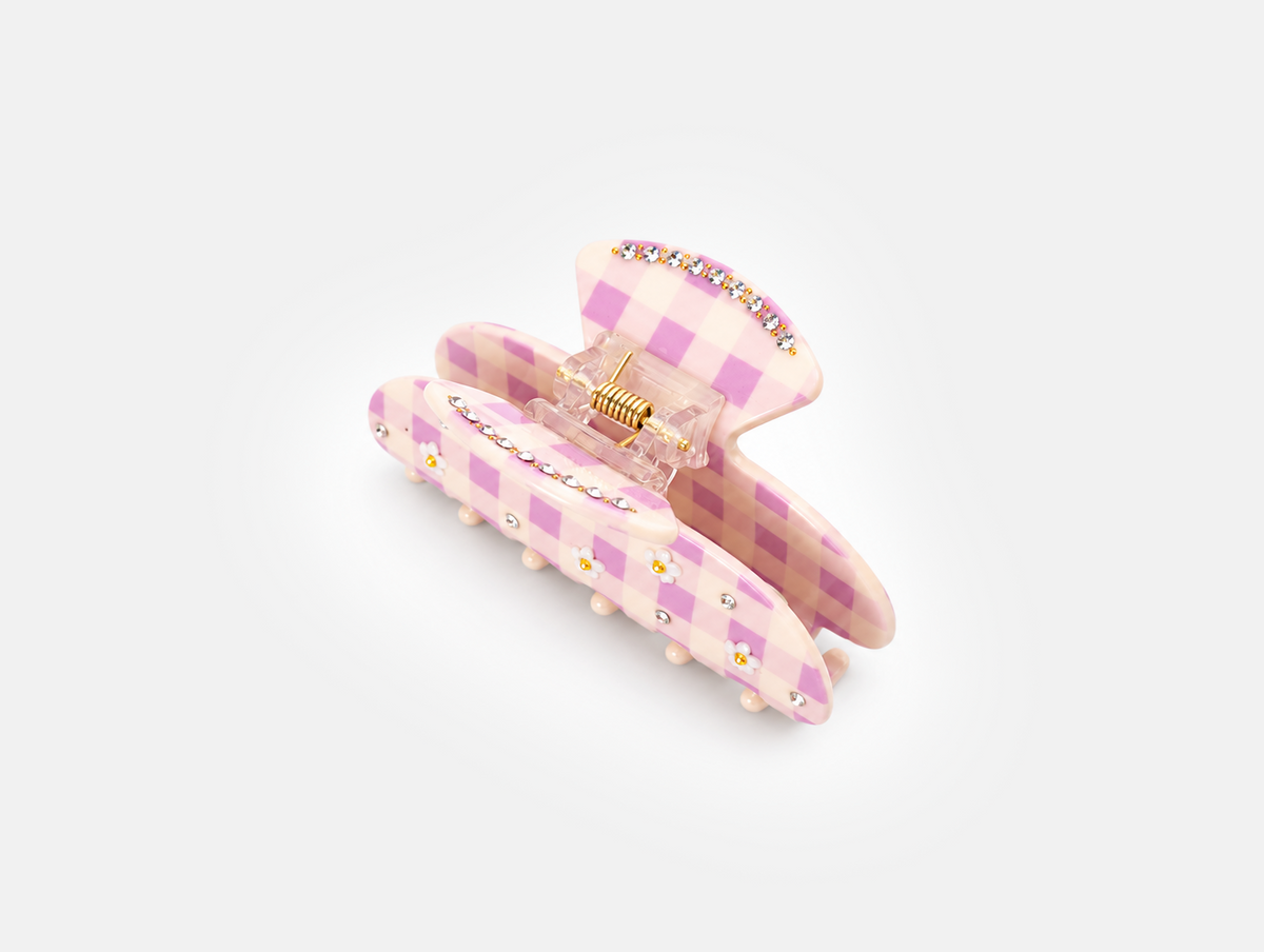 Daisy Gingham Claw Clip in Lilac Gingham, back with spring hinge