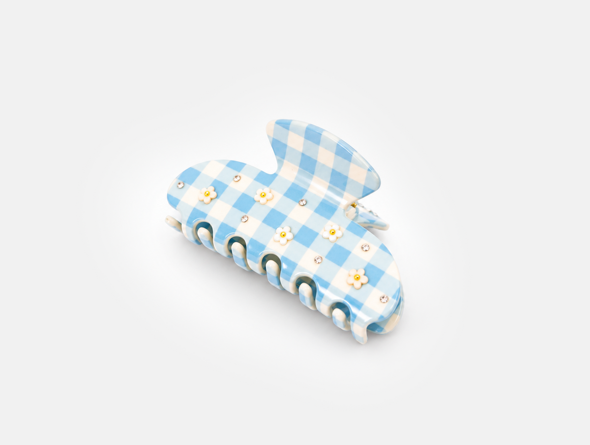 Daisy Gingham Claw Clip in Light Blue Gingham, angled view