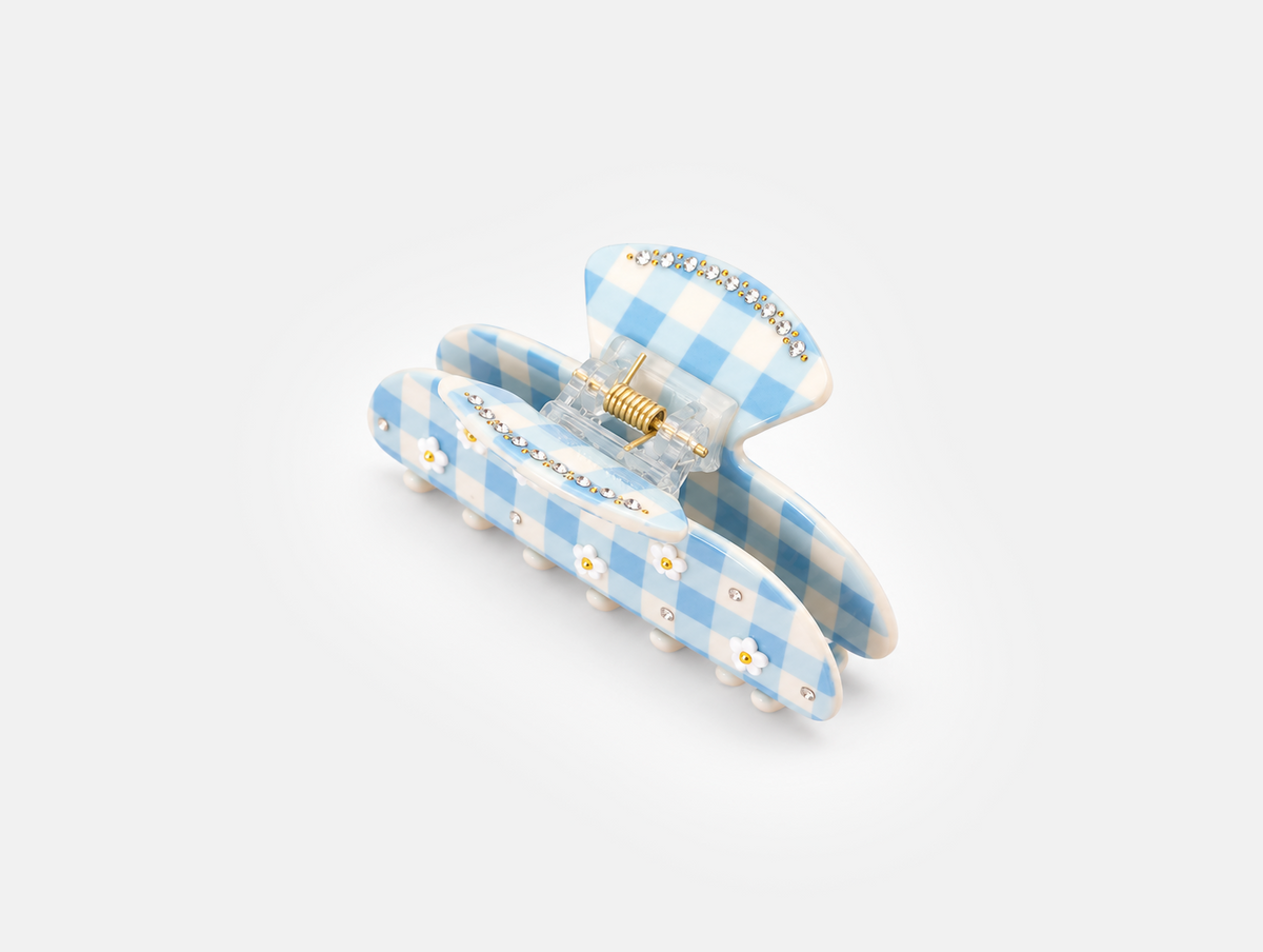 Daisy Gingham Claw Clip in Light Blue Gingham, back with spring hinge