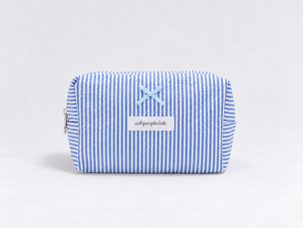 Seersucker Bow Makeup Bag in Blue Stripe, front