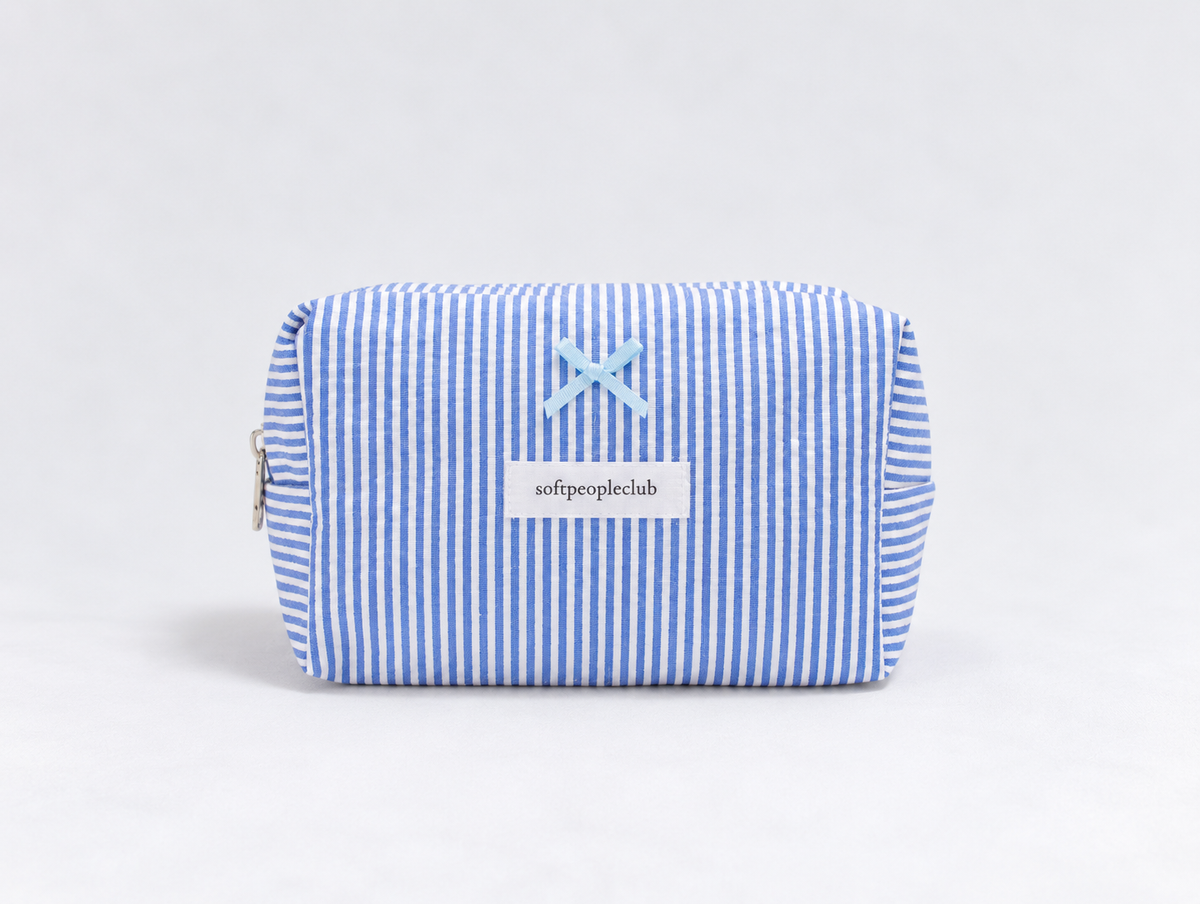 Seersucker Bow Makeup Bag in Blue Stripe, front