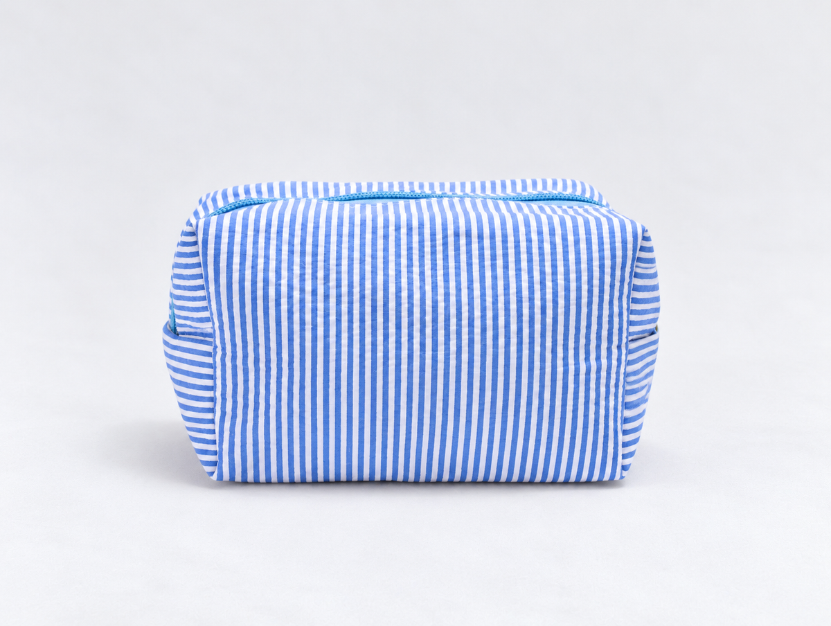 Seersucker Bow Makeup Bag in Blue Stripe, back
