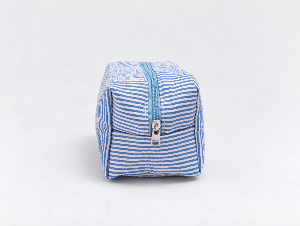 Seersucker Bow Makeup Bag in Blue Stripe, side zip