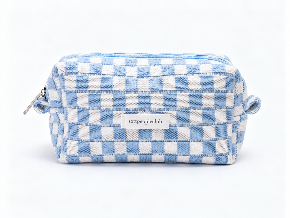 Knit Checkerboard Makeup Bag in Sky Blue Check, front