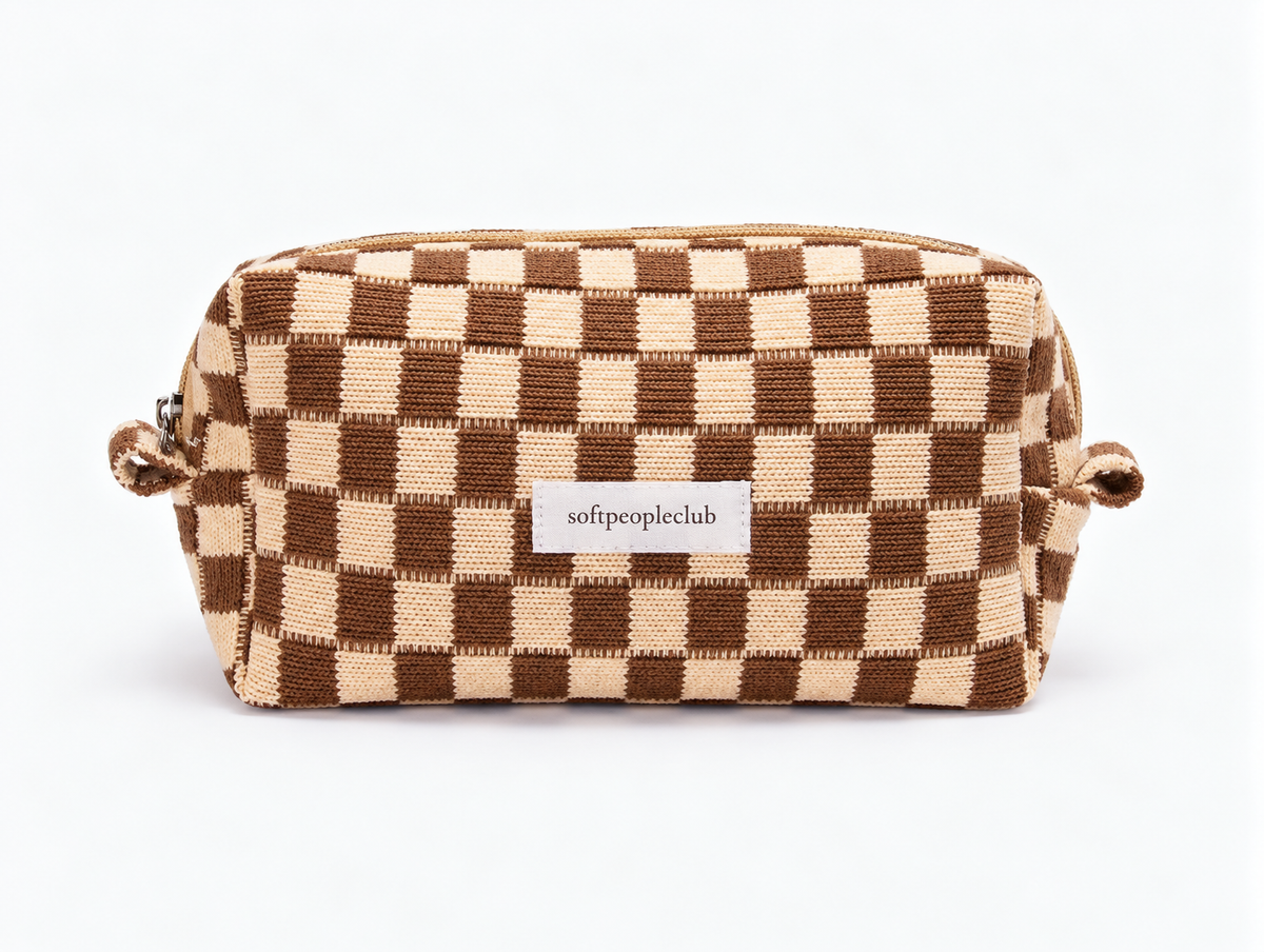 Knit Checkerboard Makeup Bag in Brown Check, front