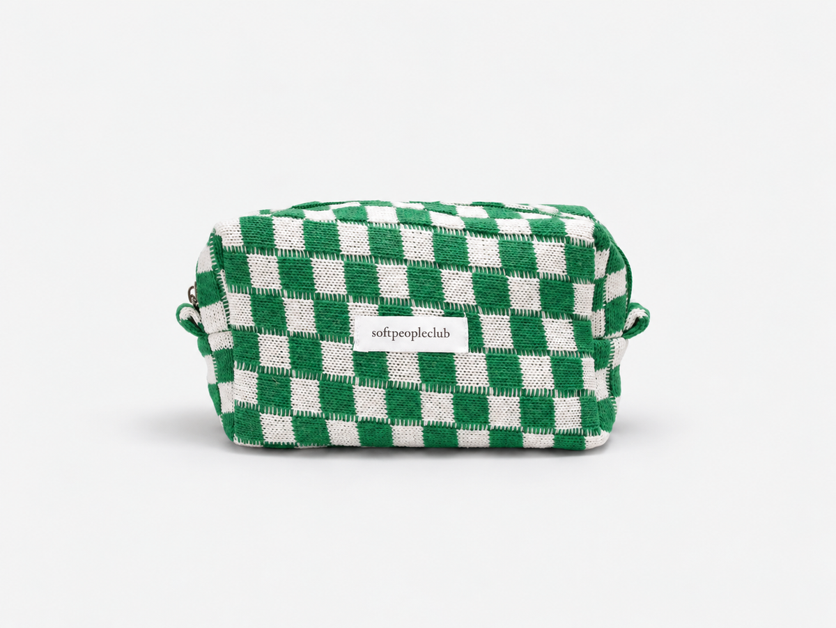 Knit Checkerboard Makeup Bag in Green Check, front