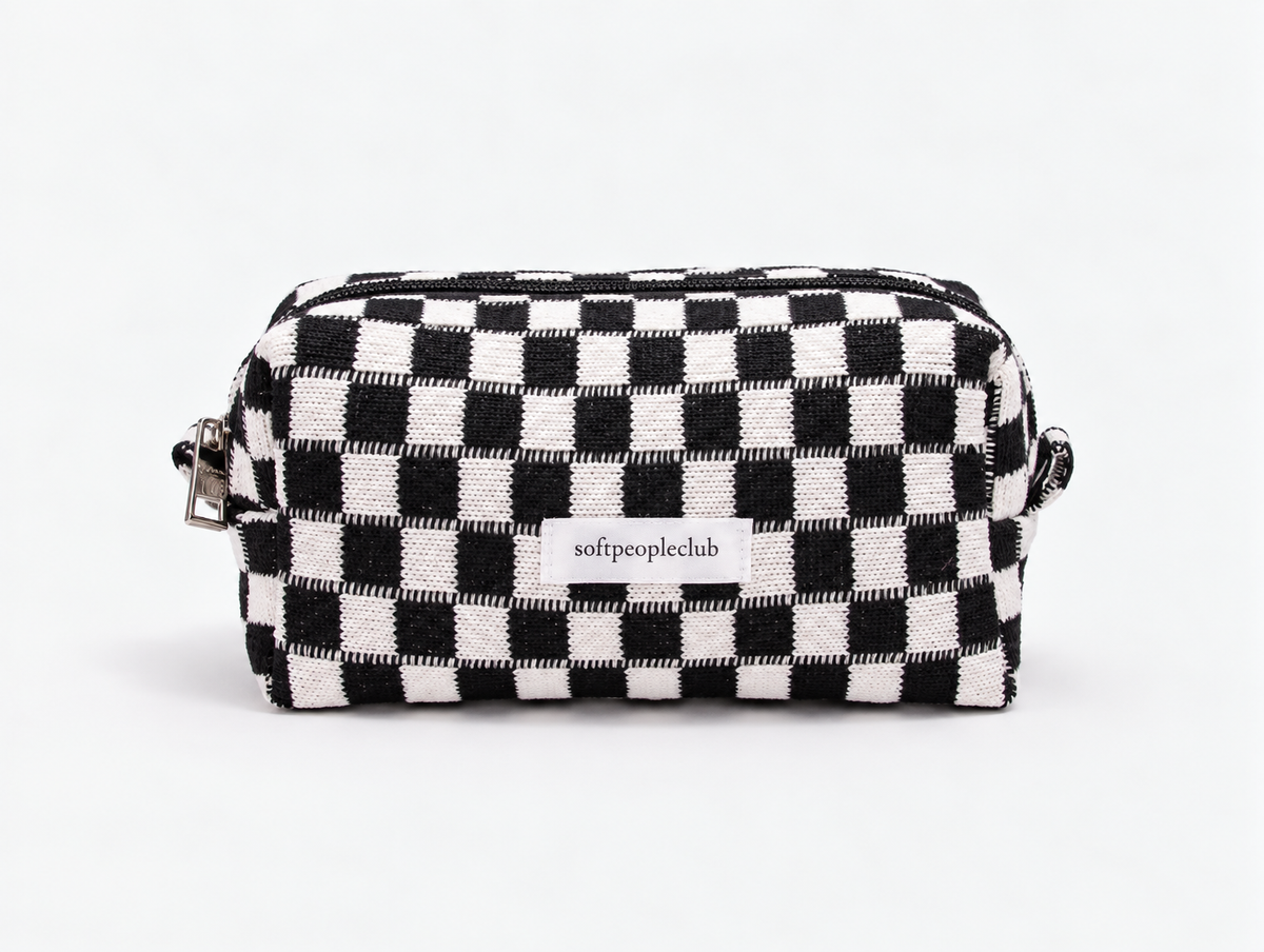 Knit Checkerboard Makeup Bag in Black Check, front
