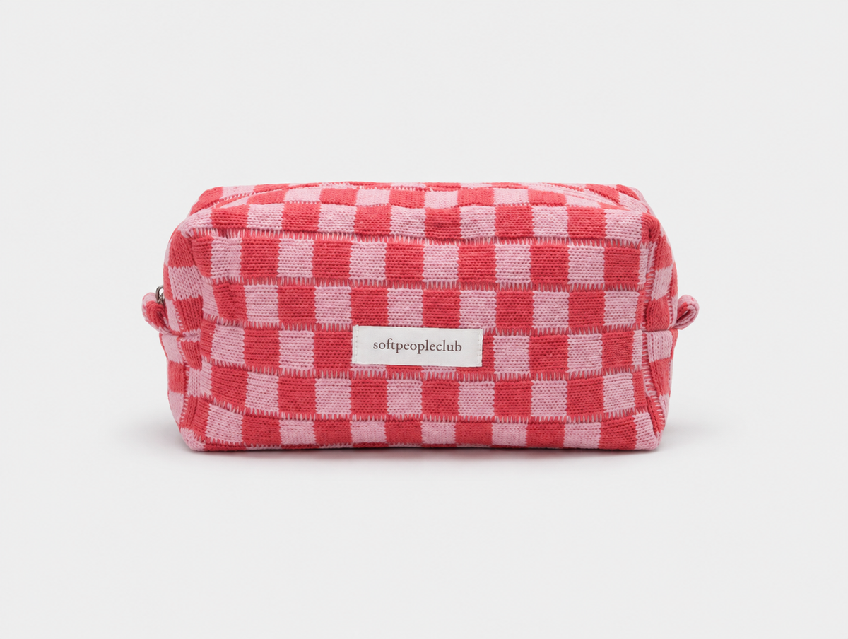 Knit Checkerboard Makeup Bag in Pink Check, front
