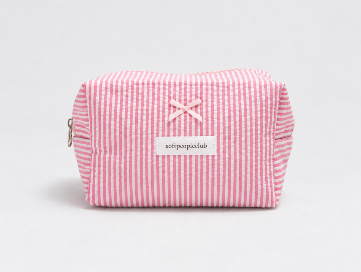Seersucker Bow Makeup Bag in Pink Stripe, front
