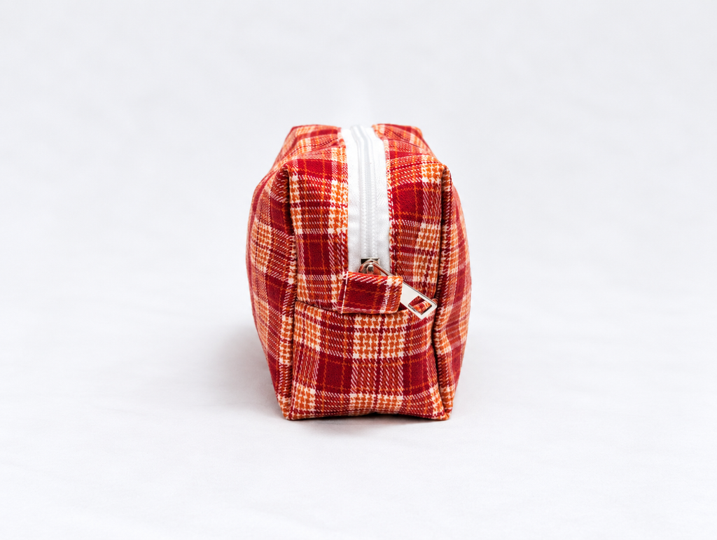 Plaid Makeup Bag in Red Plaid, side zip