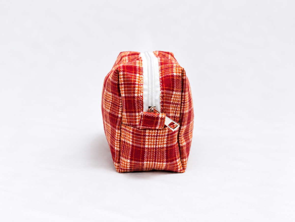 Plaid Makeup Bag in Red Plaid, side zip