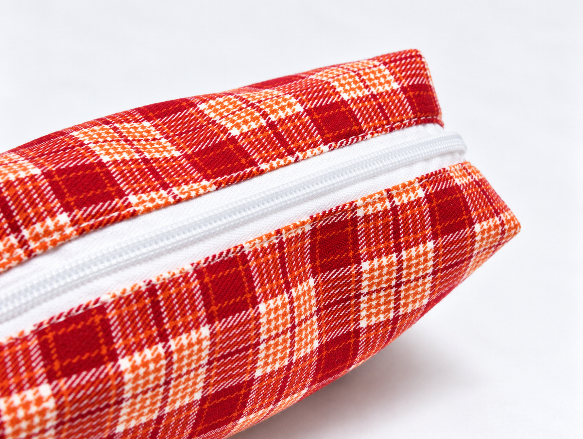 Plaid Makeup Bag in Red Plaid, top zip detail