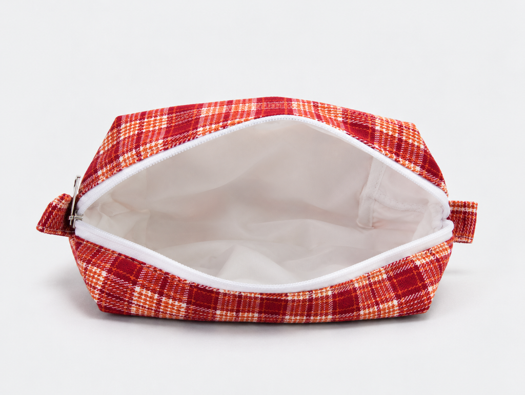 Plaid Makeup Bag in Red Plaid, open with white lining