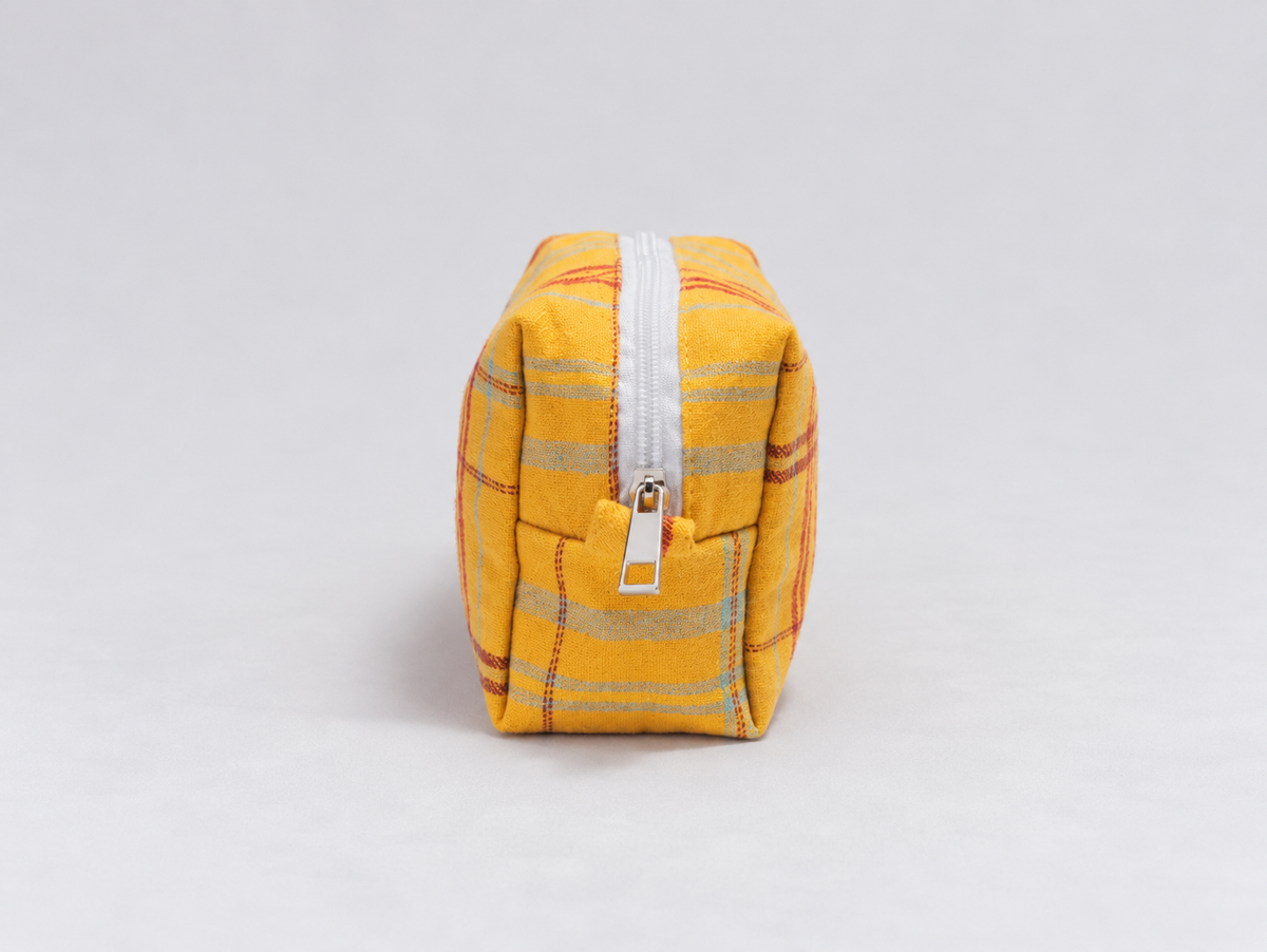 Brushed Plaid Makeup Bag in marigold, side zip