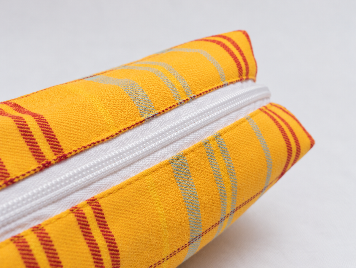 Brushed Plaid Makeup Bag in marigold, top zip and fabric detail