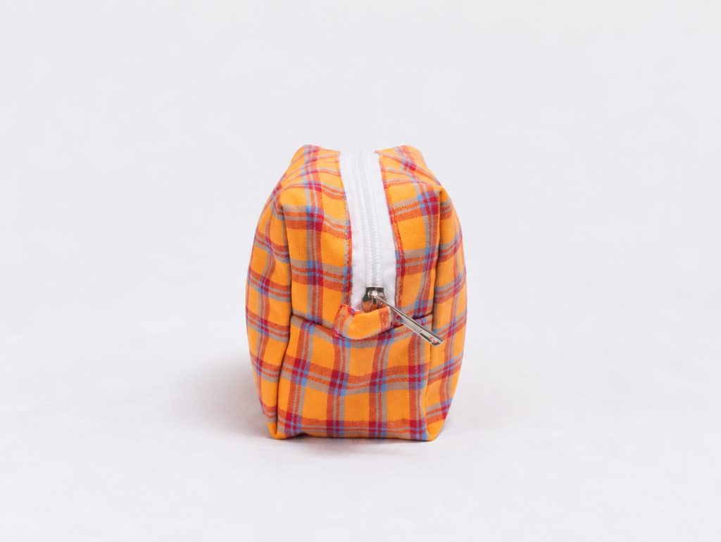 Picnic Check Makeup Bag in Orange Check, side zip