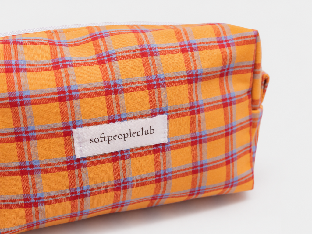 Picnic Check Makeup Bag in Orange Check, label detail