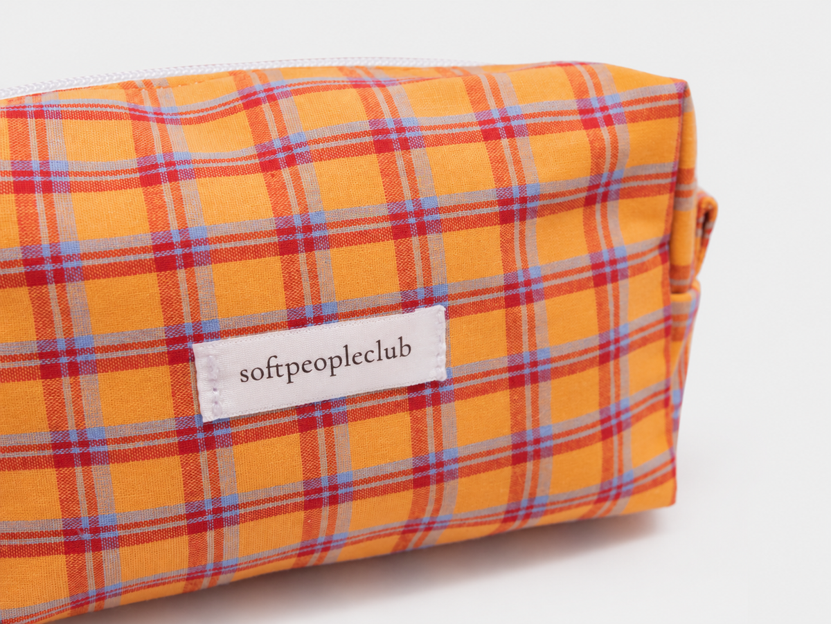 Picnic Check Makeup Bag in Orange Check, label detail
