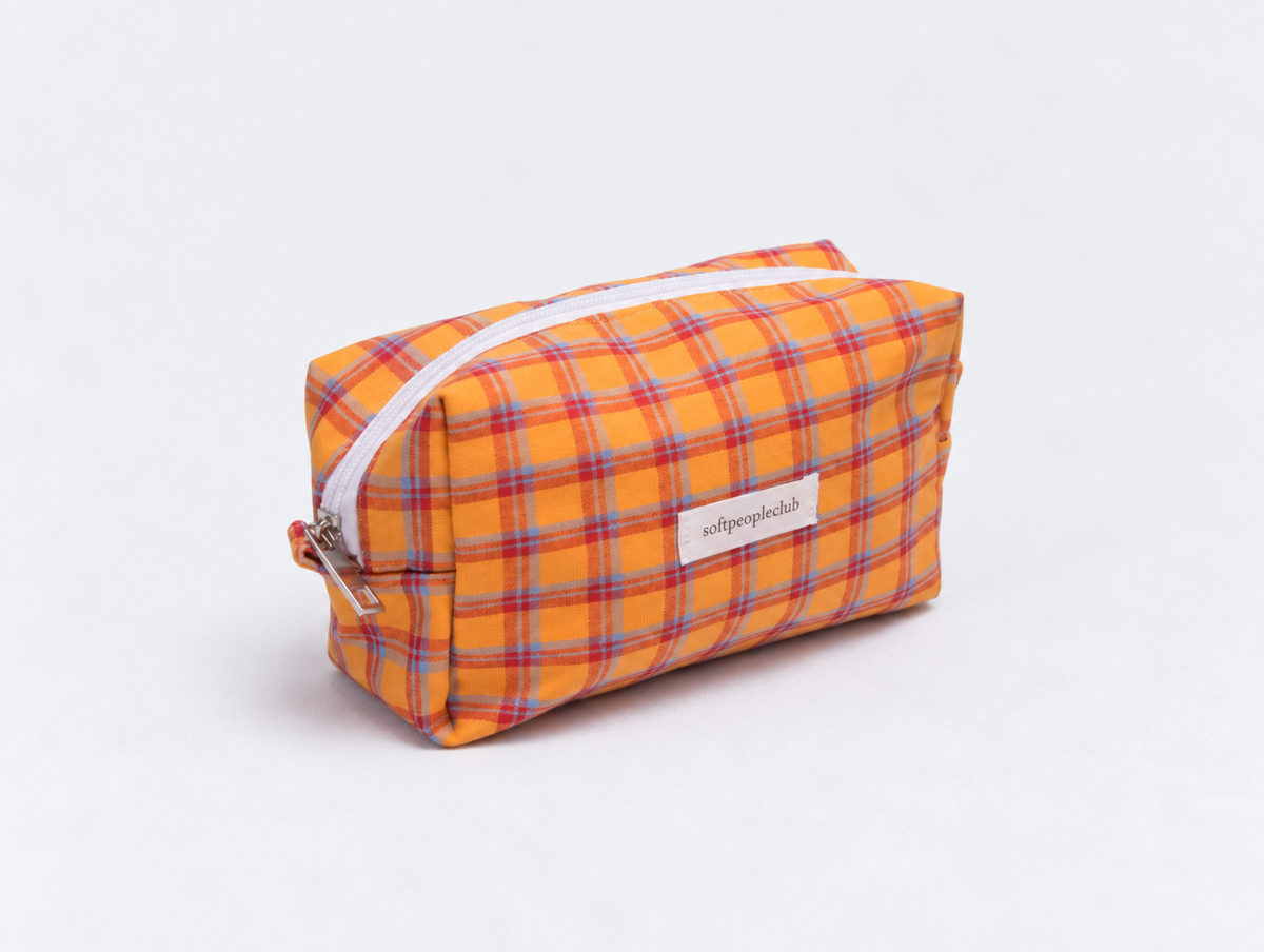 Picnic Check Makeup Bag in Orange Check, angled view