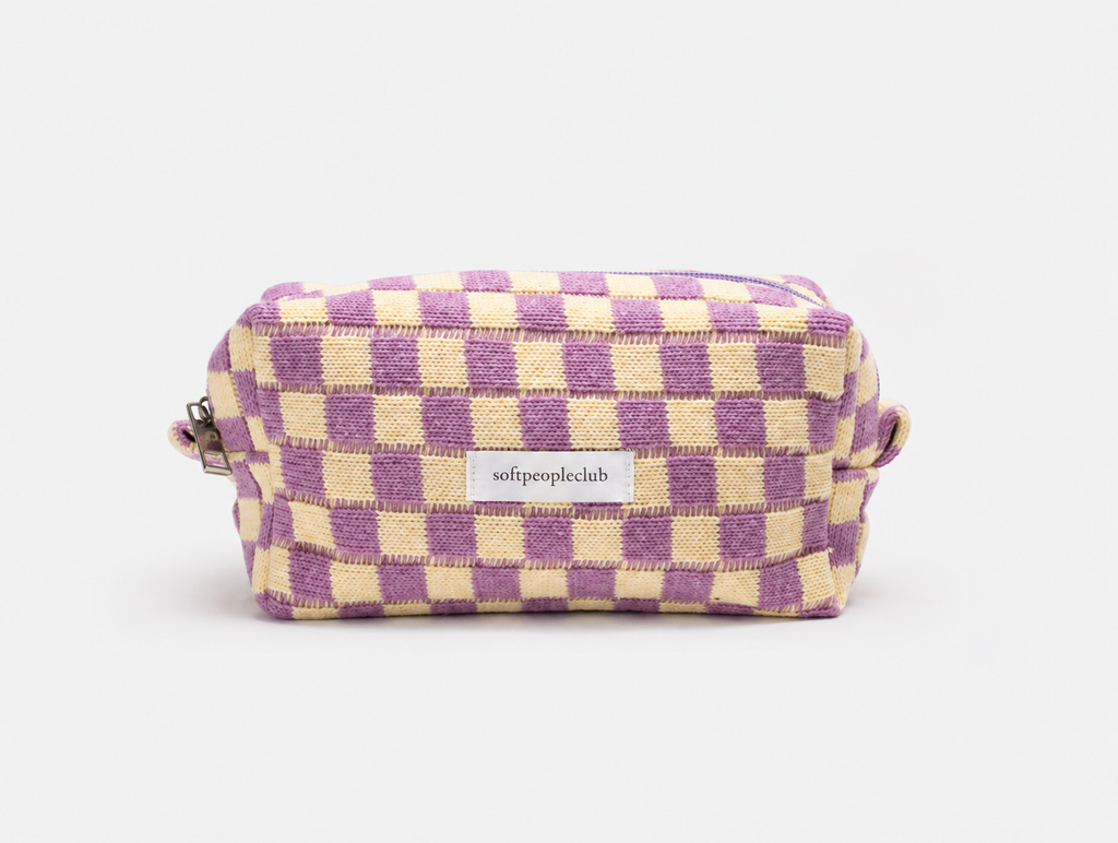 Knit Checkerboard Makeup Bag in Lilac Check, front