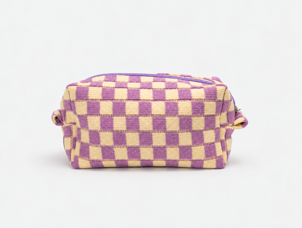 Knit Checkerboard Makeup Bag in Lilac Check, back