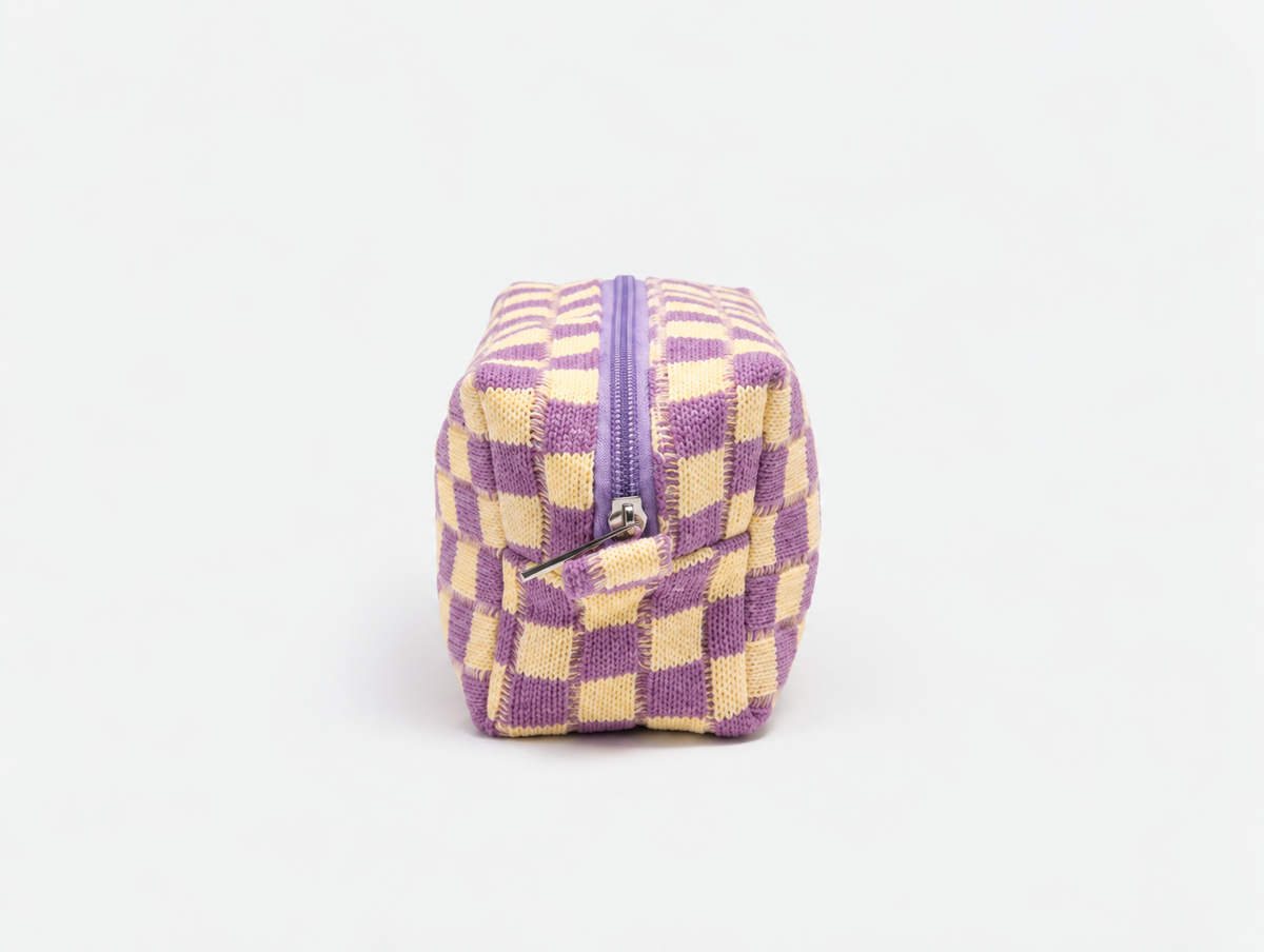 Knit Checkerboard Makeup Bag in Lilac Check, side zip