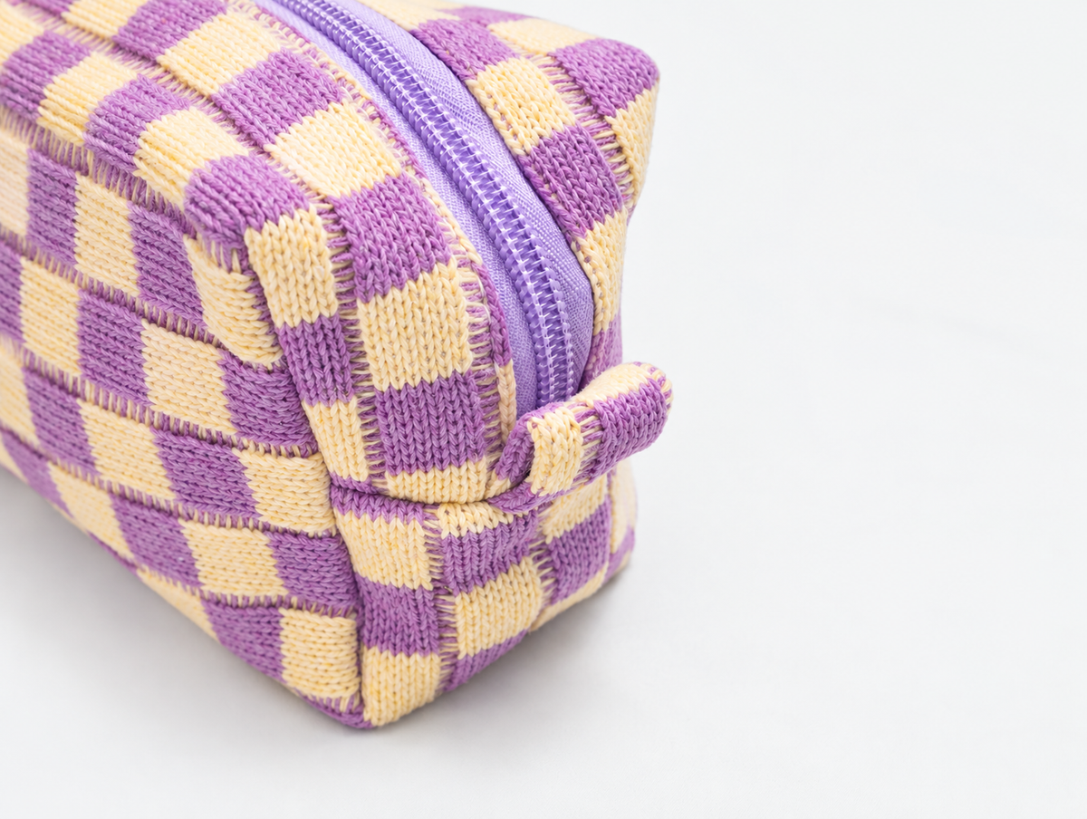 Knit Checkerboard Makeup Bag in Lilac Check, end tab detail