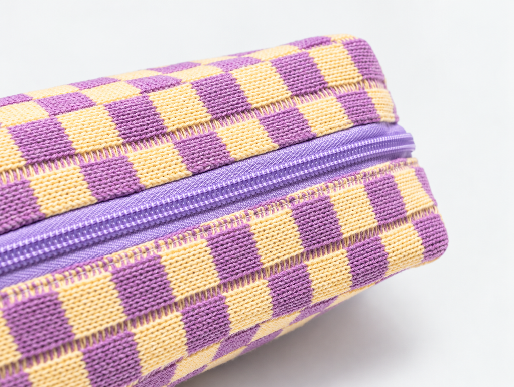 Knit Checkerboard Makeup Bag in Lilac Check, top zip and knit detail