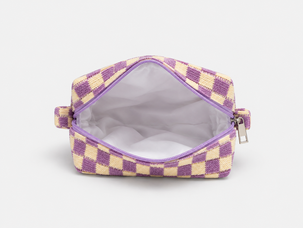 Knit Checkerboard Makeup Bag in Lilac Check, open with white lining