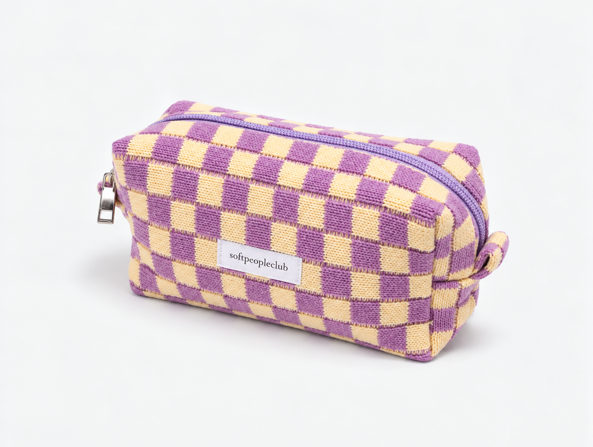 Knit Checkerboard Makeup Bag in Lilac Check, angled view