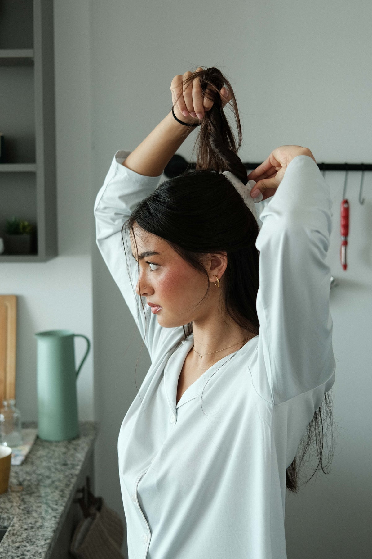 Little Star Claw Clip in Cream, putting hair up in the kitchen