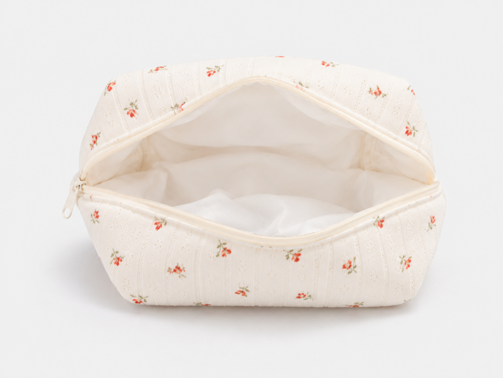 Padded Rosebud Makeup Bag, open with cream lining