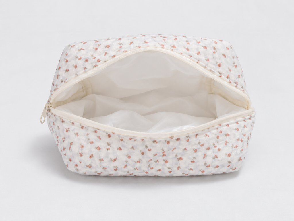 Padded Ditsy Floral Makeup Bag, open with cream lining