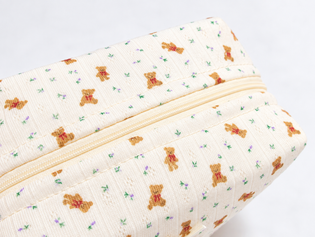 Padded Teddy Makeup Bag, top zip and print detail