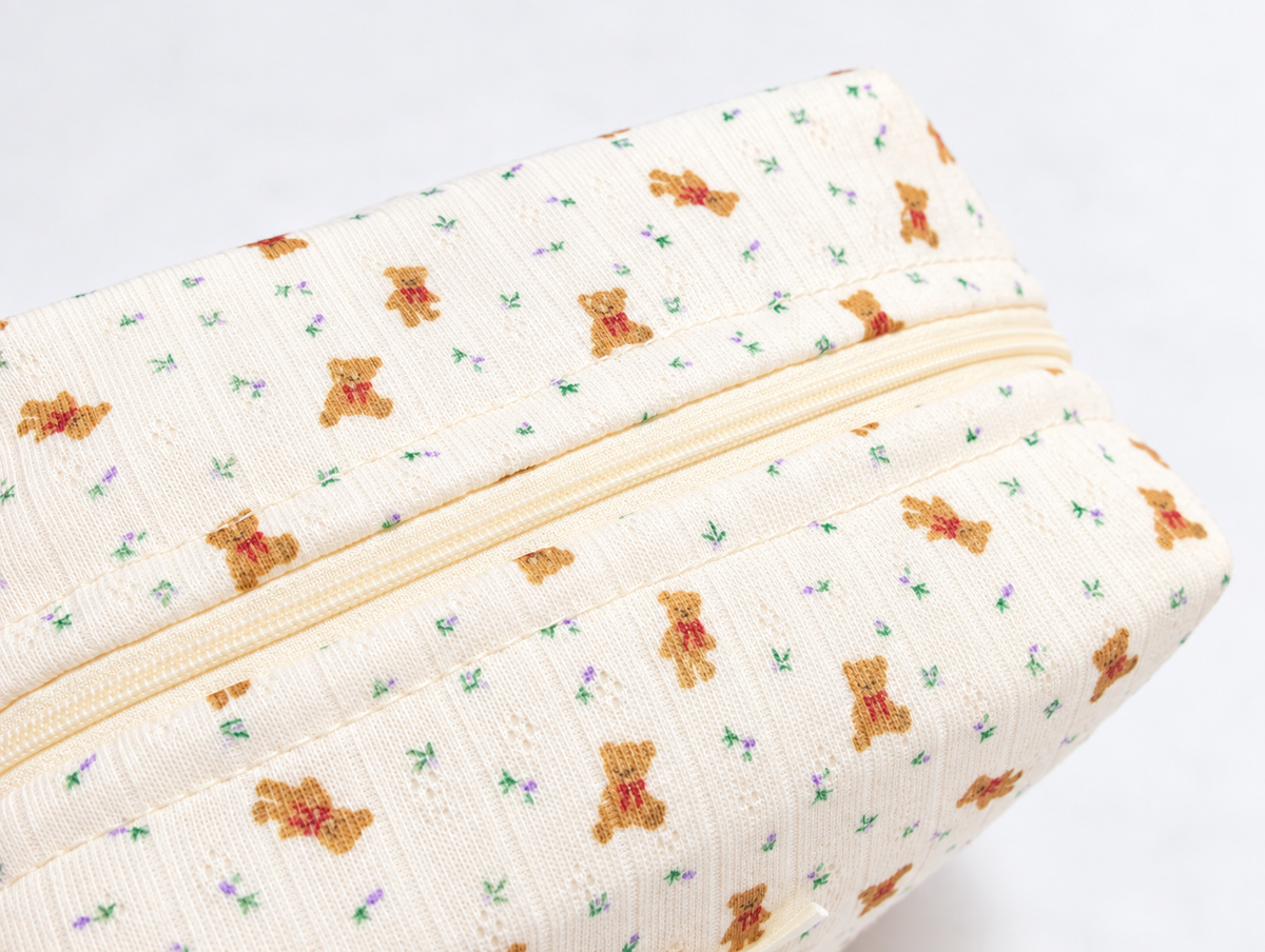 Padded Teddy Makeup Bag, top zip and print detail