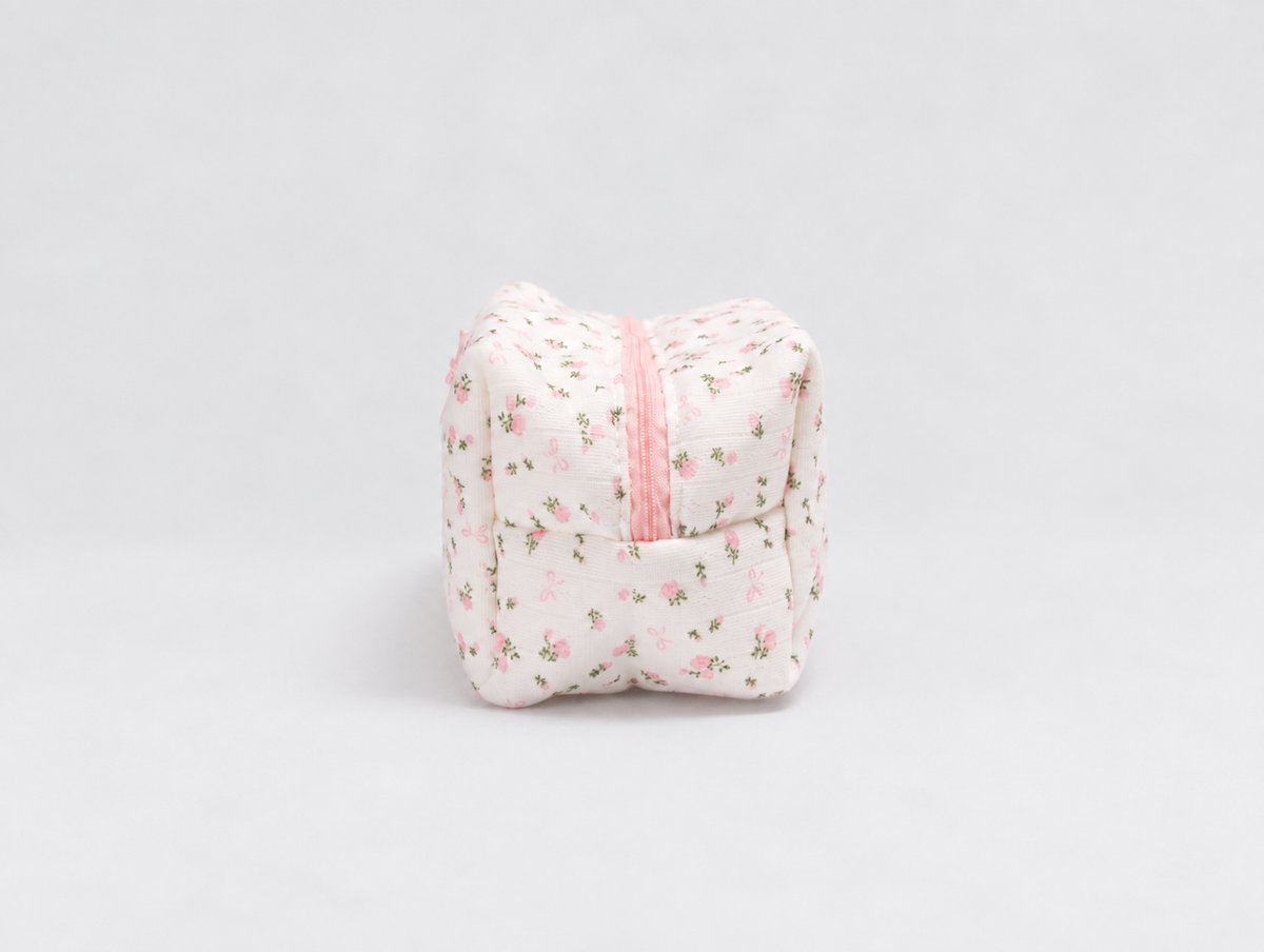 Padded Rose & Bow Makeup Bag, side zip