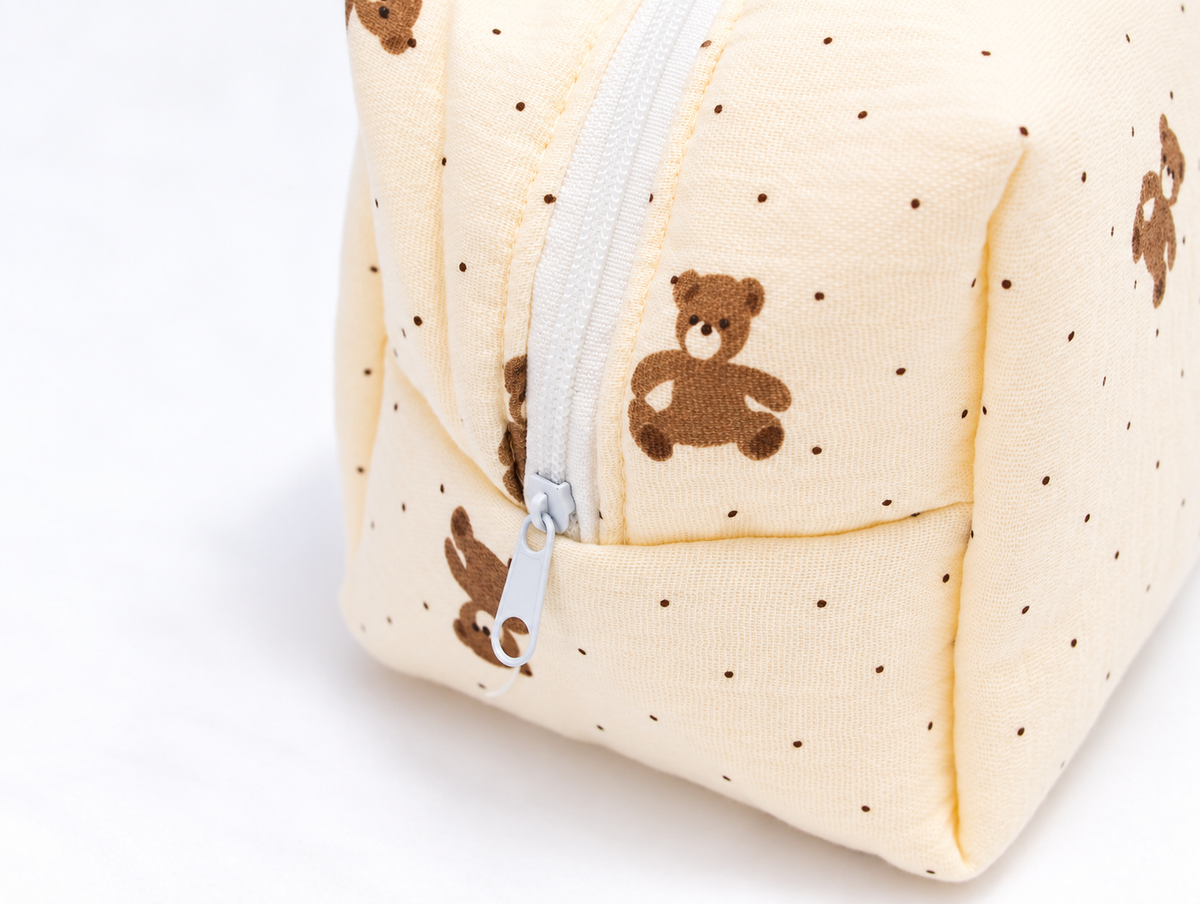 Padded Teddy Dot Makeup Bag, zip pull detail