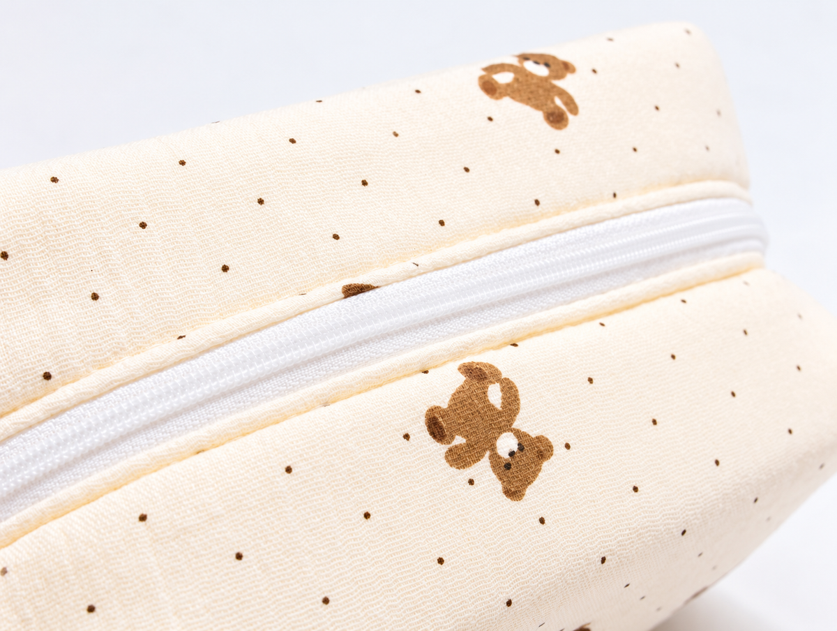 Padded Teddy Dot Makeup Bag, top zip and print detail