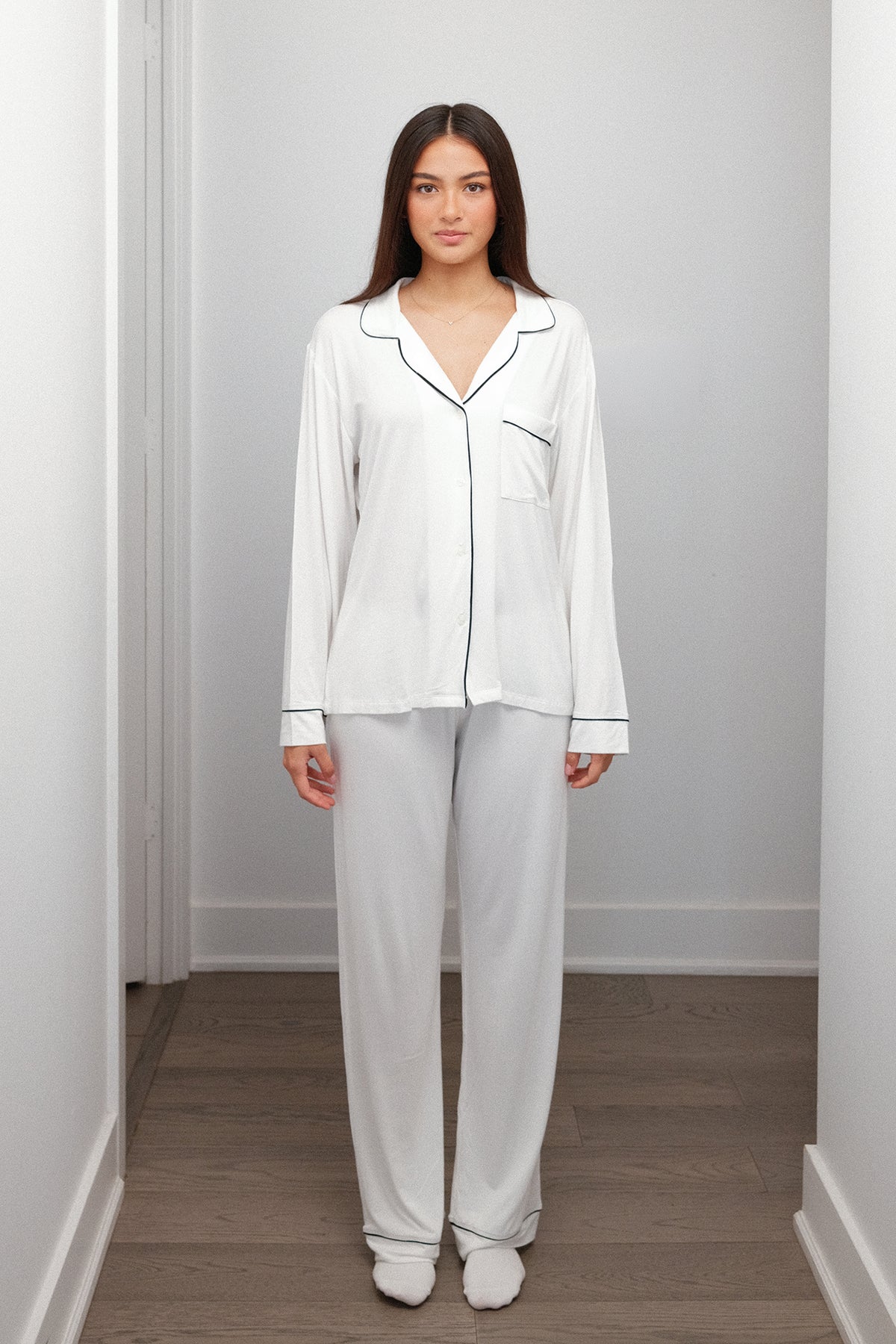 Piped Pajama Set in White, on model, front