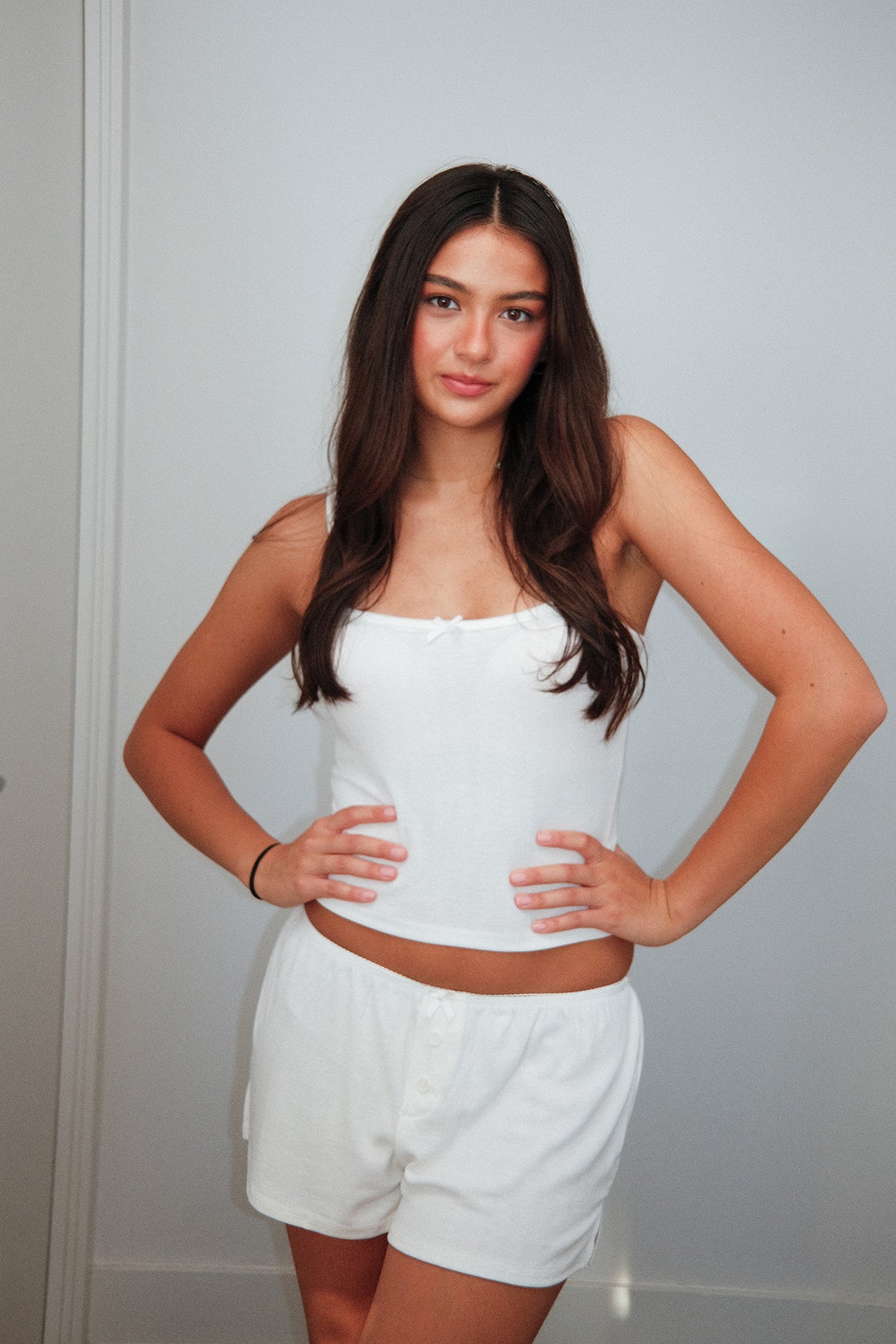 Pointelle Camisole Set in White, on model, front with hands on hips