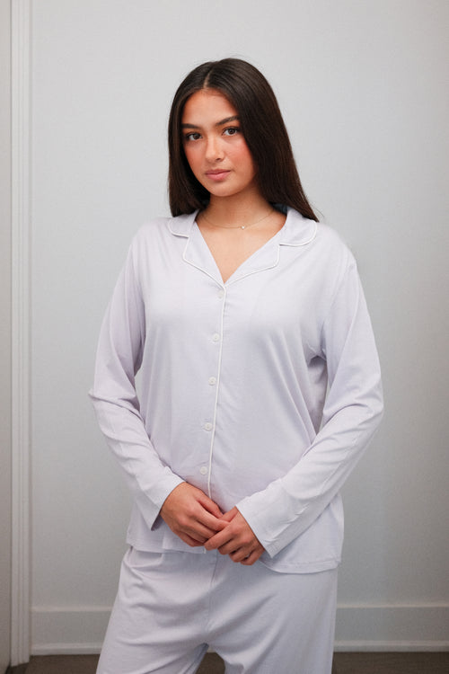 Camp Collar Pajama Set in Lilac, on model, close up with hands clasped